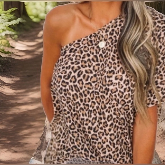 Trendy Animal Print Off A Shoulder Short Sleeve Loose Fit Super Soft Shirt - Picture 6 of 6